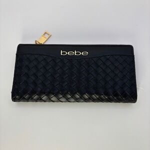 BEBE Black Woven Faux Leather Zip Around Wallet Organizer Clutch‎